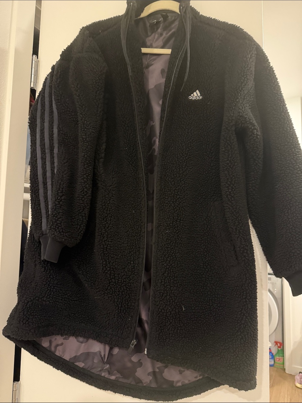 adidas Black Sherpa Puffer Jacket with Stripe Detail